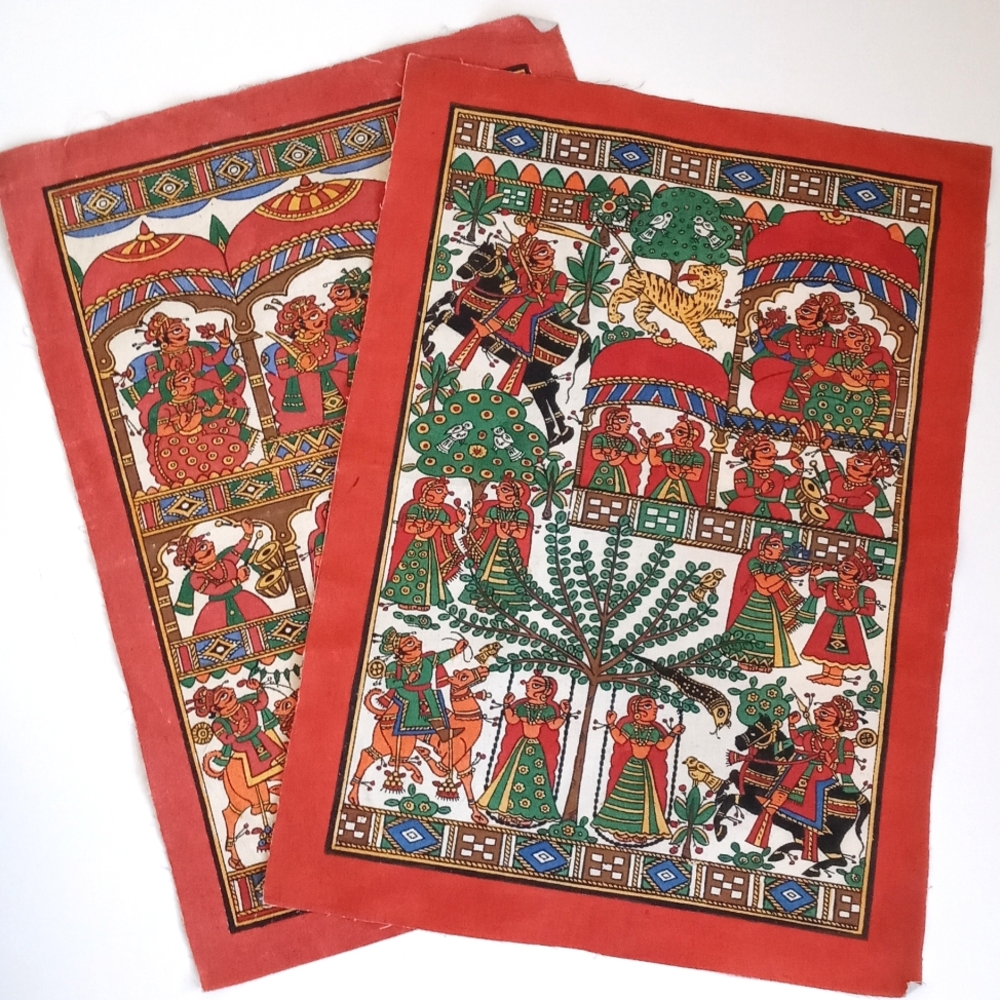 2 Piece Unique Antique Vintage Hand Painted Wall Art Canvas Tapestries India